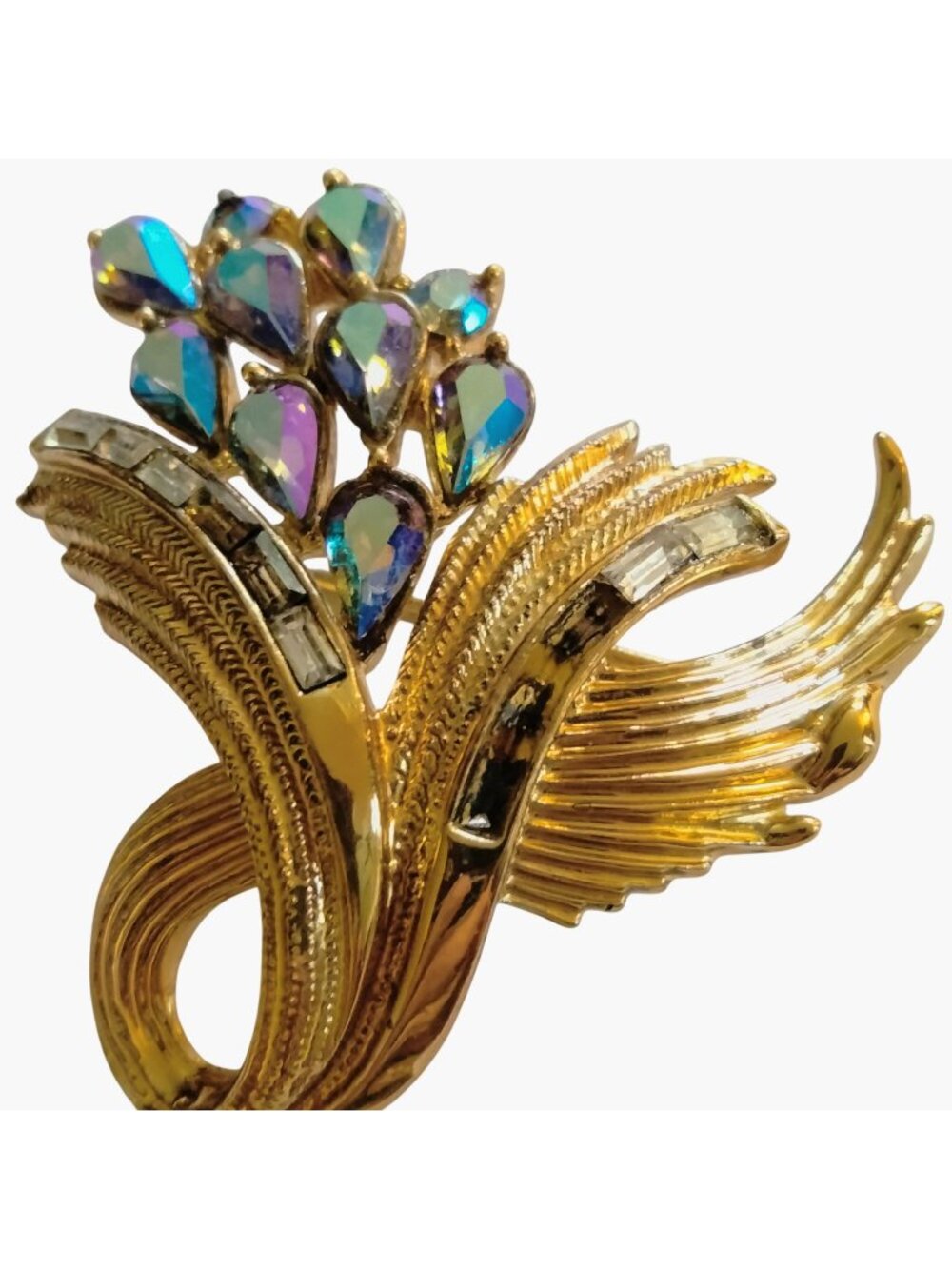 Aurora Borealis Brooch Blue Rhinestone Crystals Elegant Vintage Gold Tone